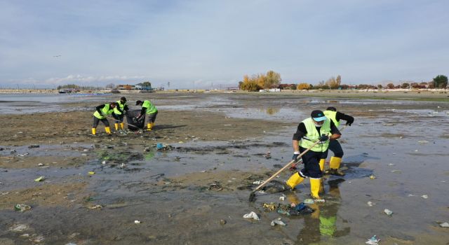 Van Gölü'nde su çekilen bölgede 40 ton çöp toplandı